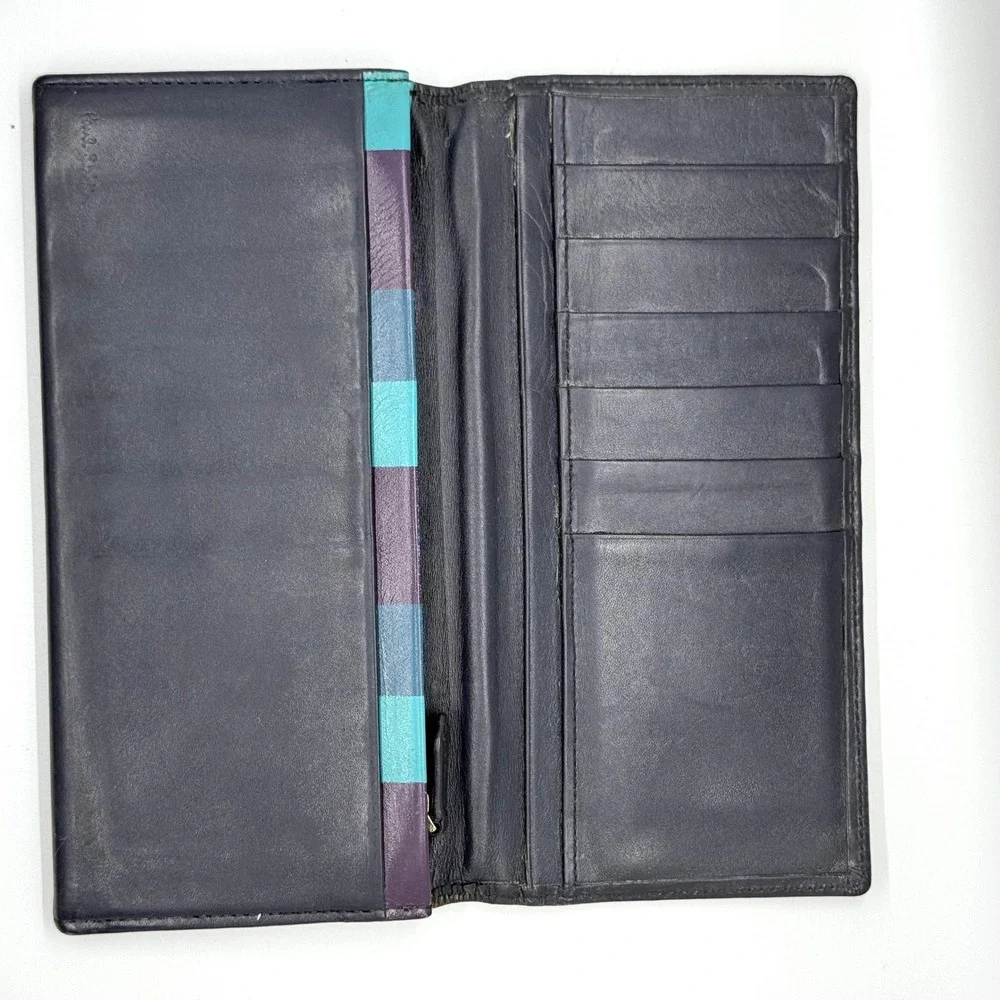 Paul Smith Black Leather Continental Wallet Long Bifold Zip Pocket Striped‎ Trim